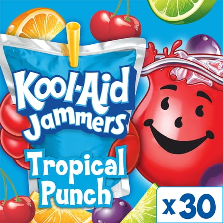 Kool-Aid Jammers Artificially Flavored Drink, 30 Pouches, for School Lunches and On-the-Go Hydration, Tropical Punch Artificially Flavored, Excellent Source of Vitamin C, 6 fl oz