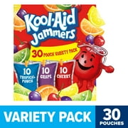 Kool Aid Jammers Variety Pack with Tropical Punch, Grape & Cherry Kids Drink 0% Juice Box Pouches, 30 Ct Box, 6 fl oz Pouches, Crisp, Light, Thin