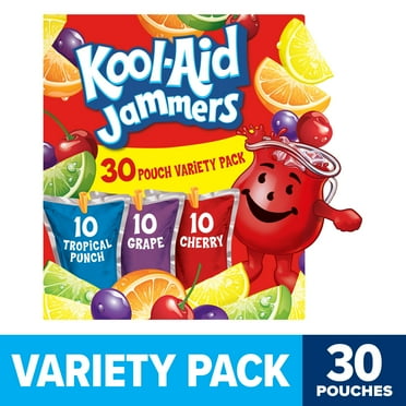 Kool Aid Jammers Variety Pack with Tropical Punch, Grape & Cherry Kids Drink 0% Juice Box Pouches, 30 Ct Box, 6 fl oz Pouches, Crisp, Light, Thin