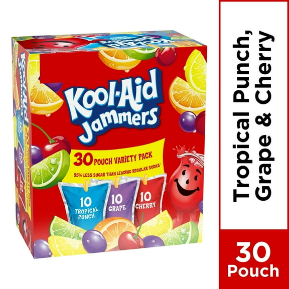 Kool Aid Jammers Variety Pack with Tropical Punch, Grape & Cherry Kids Drink 0% Juice Box Pouches, 30 Ct Box, 6 fl oz Pouches