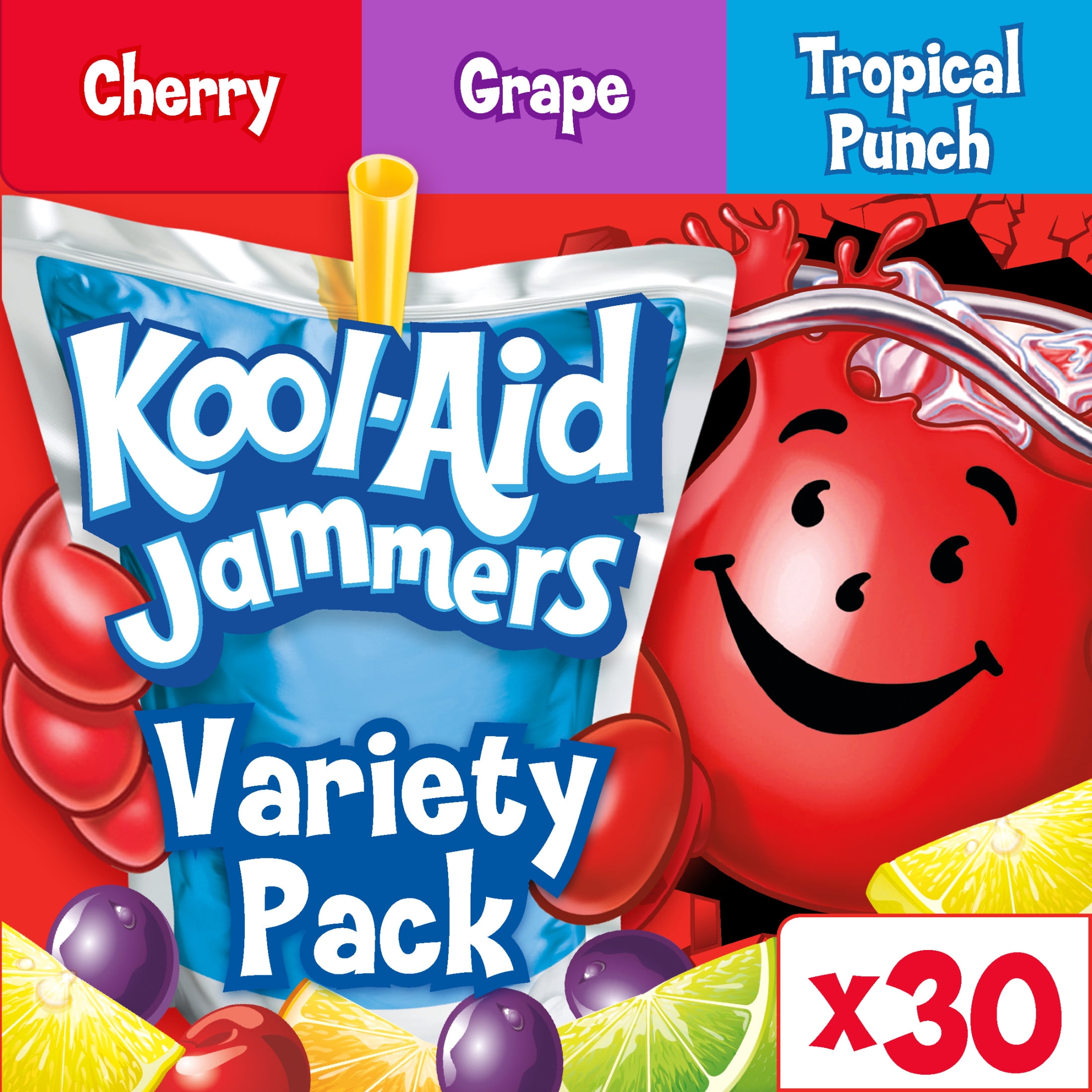 KOOL-AID Kool Aid Jammers Variety Pack with Tropical Punch, Grape & Cherry Kids Drink 0% Juice Box Pouches, 30 Ct Box, 6 fl oz Pouches, Crisp, Light, Thin