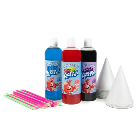 Kool-Aid Snow Cone Syrup Party Kit, 3 x 16 oz Flavored Syrups with Snow Cone Cups and Spoon Straws