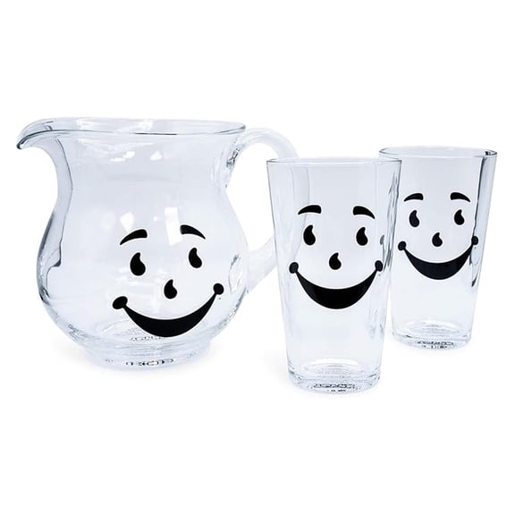 Kool-Aid Man 64-Ounce Glass Pitcher and Two 16-Ounce Pint Glasses | Beverage Dispenser Carafe and Glassware For Water, Juice, Iced Tea, Cocktails | Home & Kitchen , Nostalgic Gifts