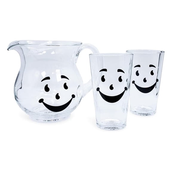Kool-Aid Man 64-Ounce Glass Pitcher and Two 16-Ounce Pint Glasses | Beverage Dispenser Carafe and Glassware For Water, Juice, Iced Tea, Cocktails | Home & Kitchen , Nostalgic Gifts