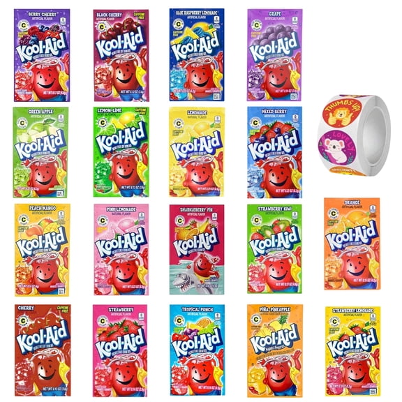 Kool Aid Packets Ultimate Variety - 18 Drink Mix Packets - Includes Cherry, Grape, Lemonade, Mixed Berry, Strawberry, Tropical Punch and more PLUS 5 STICKERS by D.F. LUXURY