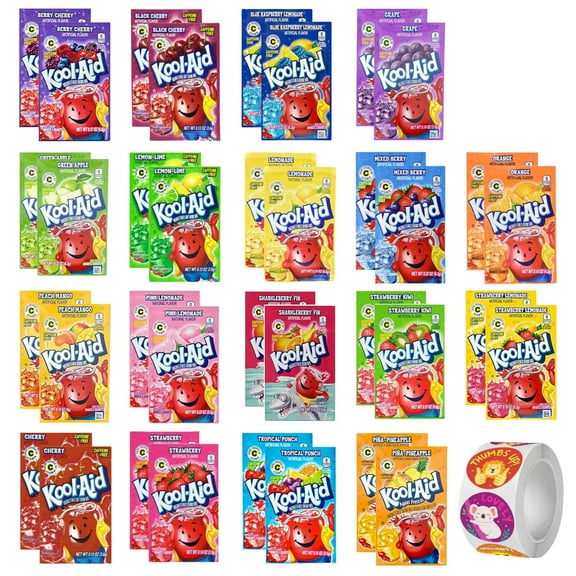 Kool Aid Packets Ultimate Variety (18 Falvors, 36 Packets) - Drink Mix - Includes Cherry, Grape, Lemonade, Mixed Berry, Strawberry, Tropical Punch and more PLUS 5 STICKERS By D.F. LUXURY