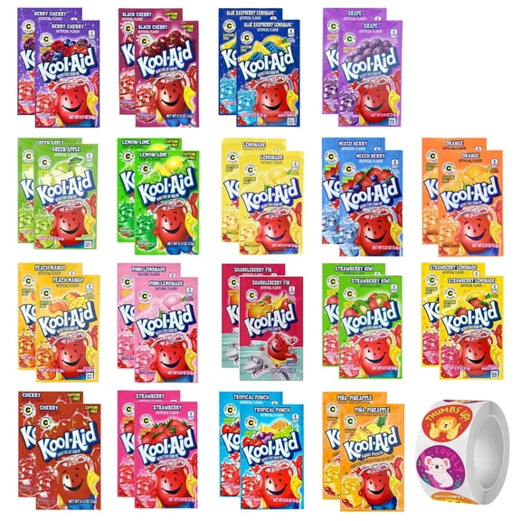 Kool Aid Packets Ultimate Variety (18 Falvors, 36 Packets) - Drink Mix - Includes Cherry, Grape, Lemonade, Mixed Berry, Strawberry, Tropical Punch and more PLUS 5 STICKERS By D.F. LUXURY