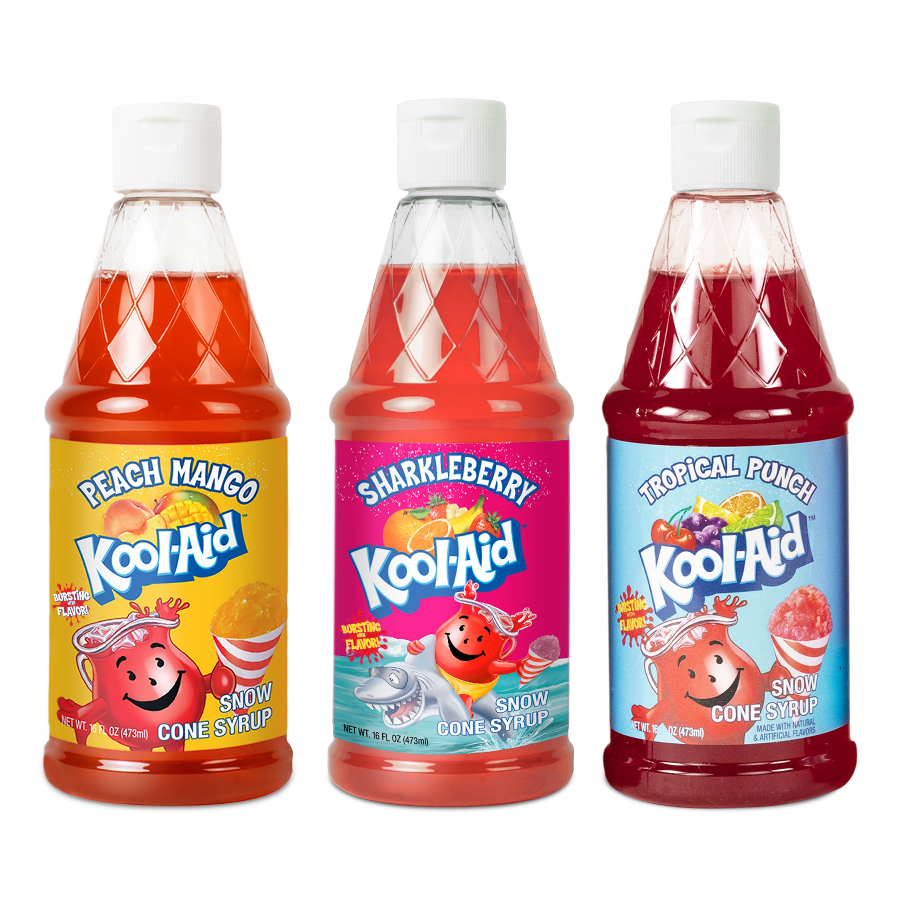 Kool-Aid Snow Cone Syrup 3-Pack, 16-oz Bottles: Peach Mango, Sharkleberry, Tropical Punch