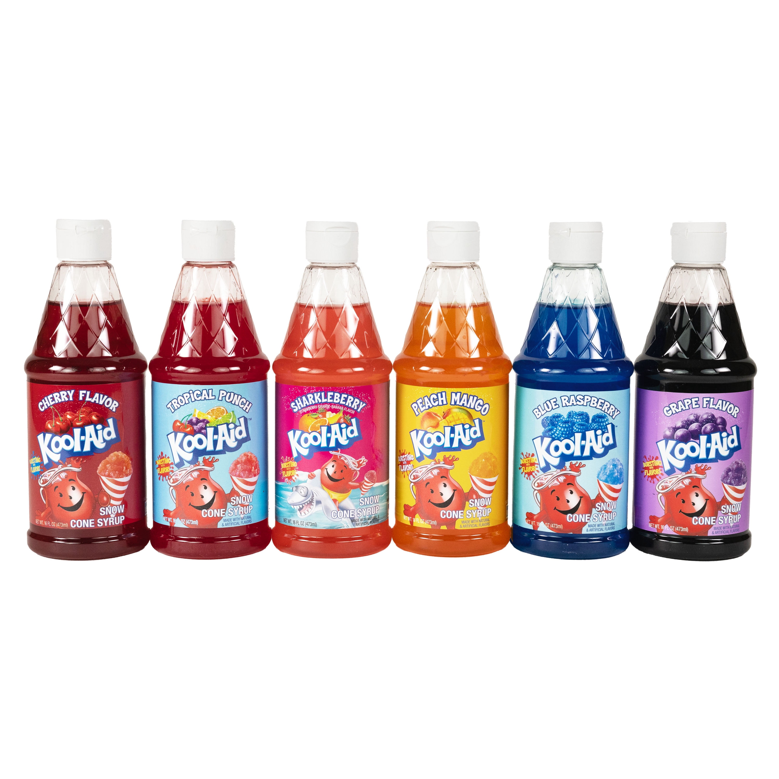 Kool-Aid Snow Cone Syrup 6-Pack, 16-oz Bottles: Peach Mango, Sharkleberry, Tropical Punch, Blue Raspberry, Cherry, Grape