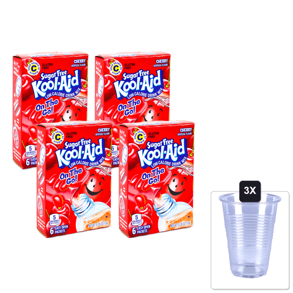 Kool-Aid Sugar Free Low Calorie Drink Mix 6 Easy Open Packets (Pack Of 4) Gluten Free (Cherry) & 3x 16oz Plastic Cup with Strawless Sip-Lid