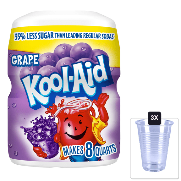Kool-Aid Sugar-Sweetened Grape Powdered Soft Drink Mix, 19 Oz Canister & 3x 16oz Plastic Cup with Strawless Sip-Lid