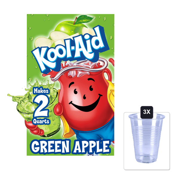 Kool-Aid Unsweetened Caffeine Free Green Apple Zero Calories Powdered Drink Mix Pitcher Packets , 48 Count ( Pack Of 4 ) & 3x 16oz Plastic Cup with Strawless Sip-Lid