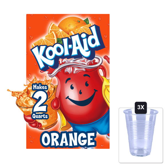 Kool-Aid Unsweetened Caffeine Free Orange Zero Calories Powdered Drink Mix 192 Count Pitcher Packets & 3x 16oz Plastic Cup with Strawless Sip-Lid