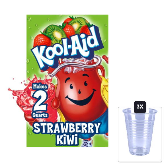 Kool-Aid Unsweetened Caffeine Free Strawberry Kiwi Zero Calories Powdered Drink Mix 192 Count Pitcher Packets & 3x 16oz Plastic Cup with Strawless Sip-Lid