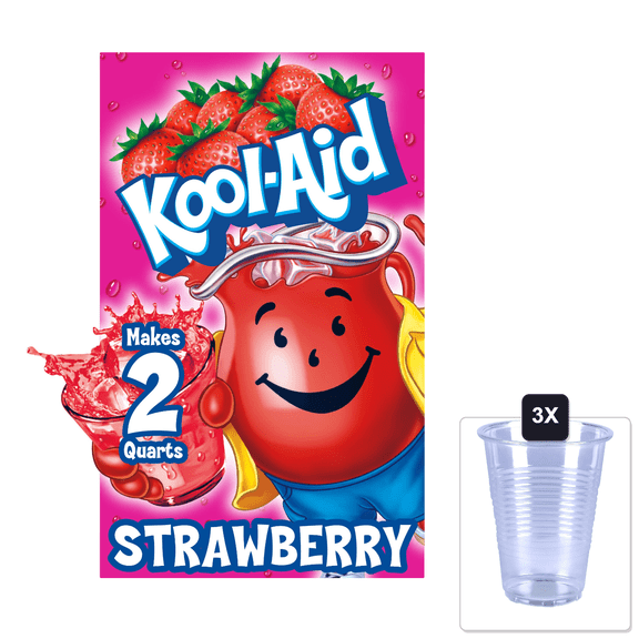 Kool-Aid Unsweetened Caffeine Free Strawberry Zero Calories Powdered Drink Mix 1 Count Pitcher Packet & 3x 16oz Plastic Cup with Strawless Sip-Lid
