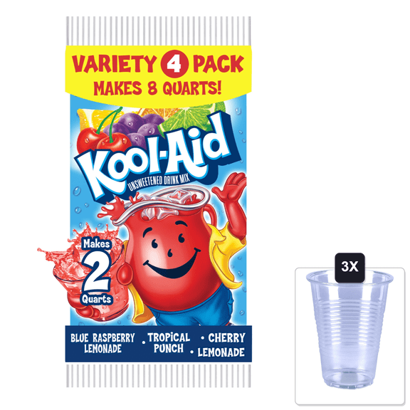 Kool-Aid Unsweetened Caffiene Free Fruit Variety Zero Calories Powdered Drink Mix 80 Count Pitcher Packet & 3x 16oz Plastic Cup with Strawless Sip-Lid