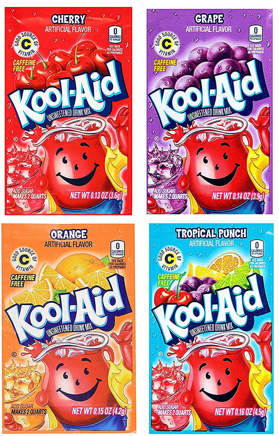 KoolAid Unsweetened Drink Mix Packets, Assorted Flavors Tropical Punch, Orange, Cherry, Grape