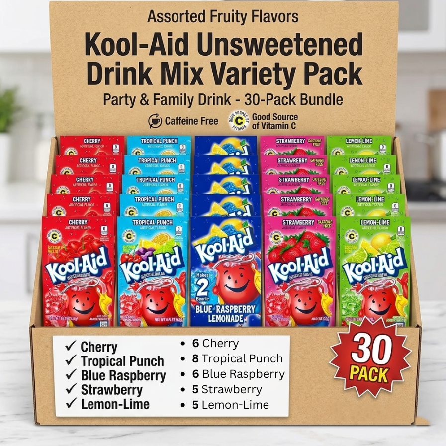 Kool-Aid Unsweetened Drink Mix Variety Pack, Assorted Fruity Flavors (Tropical Punch, Cherry, Blue Raspberry Lemonade, Strawberry & Lemon-Lime) Party & Family Drink - 30-Pack Bundle