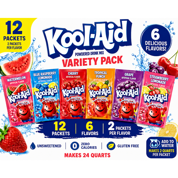 Kool-Aid Unsweetened Powdered Drink Mix Variety 12 Pack, 6 Flavors- Watermelon, Cherry, Grape, Punch, Raspberry, Strawberry Lemonade