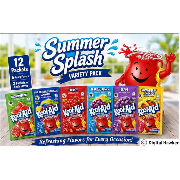 Kool-Aid Unsweetened Powdered Drink Mix Summer Splash Variety Pack, 12 Count, 6 Summer Flavors, Watermelon, Blue Raspberry Lemonade, Cherry, Tropical Punch, Grape and Strawberry Lemonade