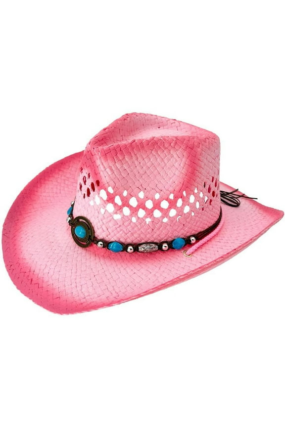Kool Kids Pink Tea Stain Straw Cowboy Hat with Turquoise Blue Beads, Western