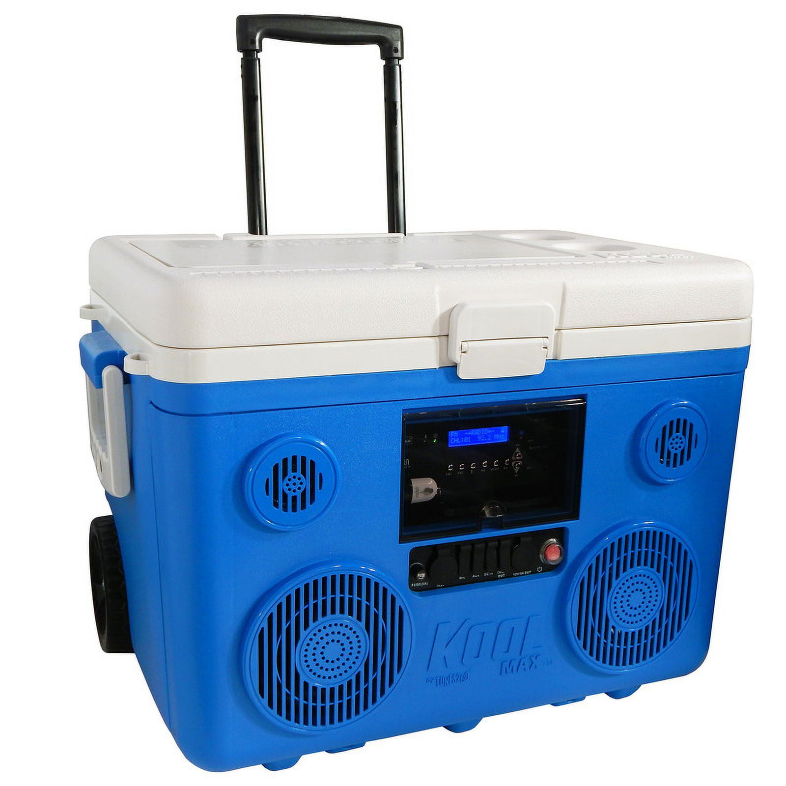 KoolMAX Cooler with Bluetooth Speaker System, 350W Boombox, 40 Qt Cooler, Rechargeable, USB 12V Car Cigarette Lighter Power Station, Guitar Amplifier, Radio, PA Machine, Karaoke, Blue