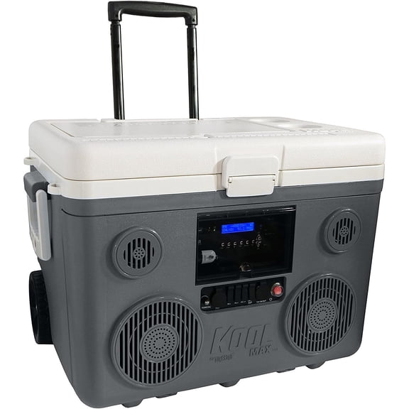 KoolMAX Cooler with Bluetooth Speaker System, 350W Boombox, 40 Qt Cooler, Rechargeable, USB 12V Car Cigarette Lighter Power Station, Guitar Amplifier, Radio, PA Machine, Karaoke,  Grey