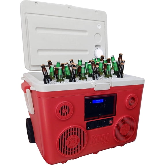 KoolMAX Cooler with Bluetooth Speaker System, 350W Boombox, 40 Qt Cooler, Rechargeable, USB 12V Car Cigarette Lighter Power Station, Guitar Amplifier, Radio, PA Machine, Karaoke, Red