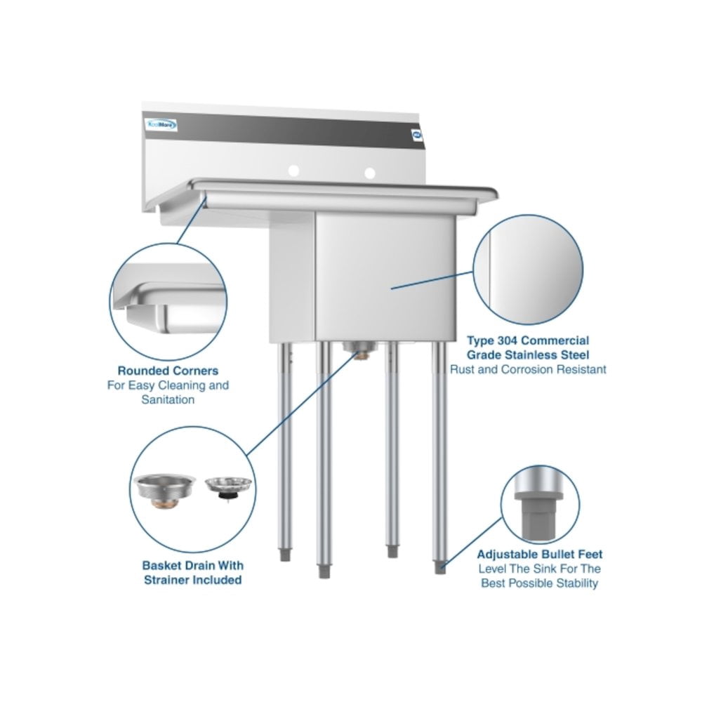 KoolMore 1 Compartment Stainless Steel NSF Commercial Kitchen Prep & Utility Sink with 2 Drainboards - Bowl Size 14" x 16" x 11", Silver