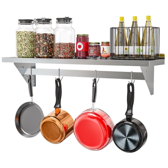 KoolMore 12" x 48" 18-Gauge Stainless-Steel Heavy Duty Wall Shelf with Pot Rack.