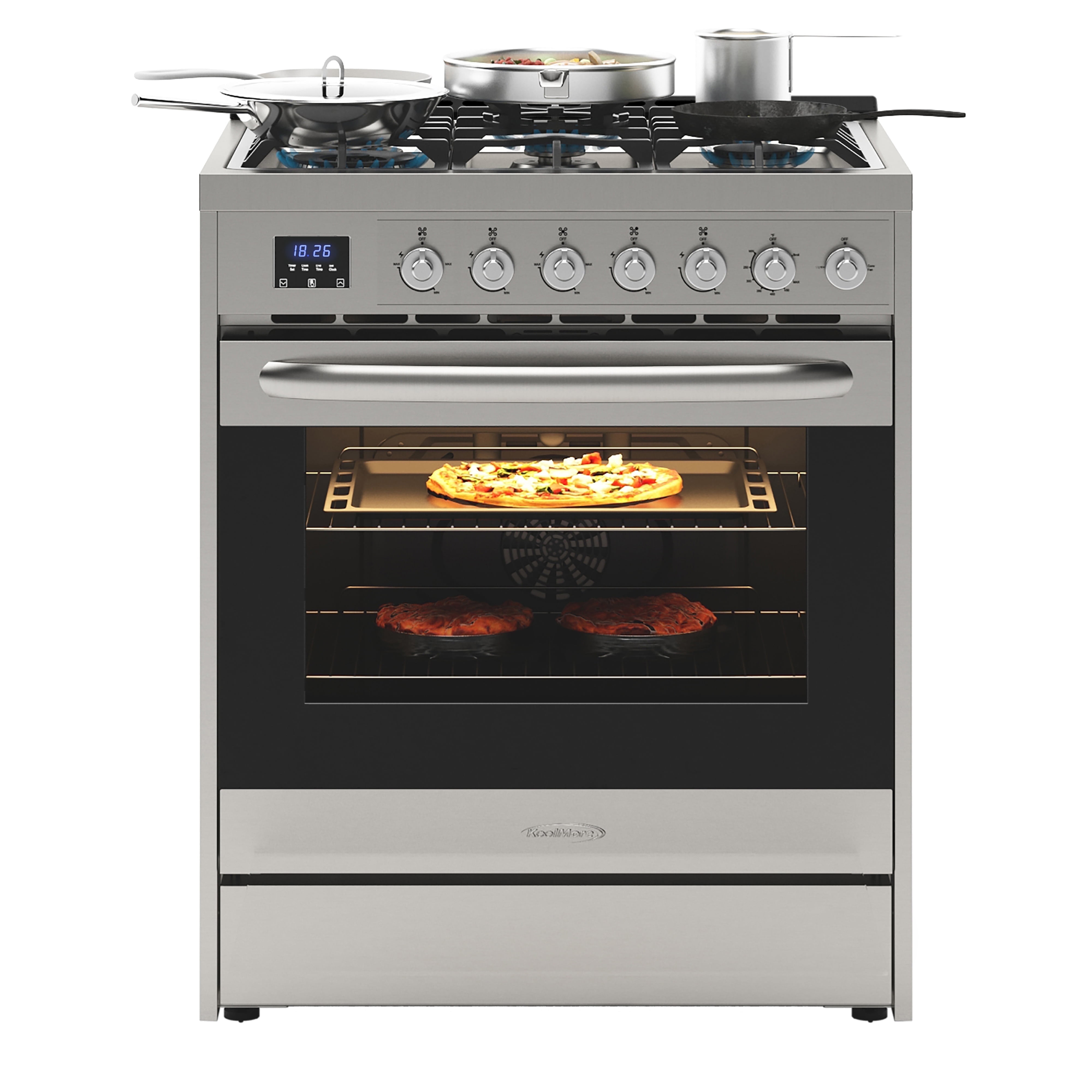 30” Inch Professional Gas Range Stove with 5 Burner Cooktop, Rapid Convection Oven, and Digital Timer with Heavy-Duty Cast Iron Grates, Stainless-Steel Appliance, Silver