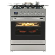 30  Inch Professional Gas Range Stove with 5 Burner Cooktop, Rapid Convection Oven, and Digital Timer with Heavy-Duty Cast Iron Grates, Stainless-Steel Appliance, Silver