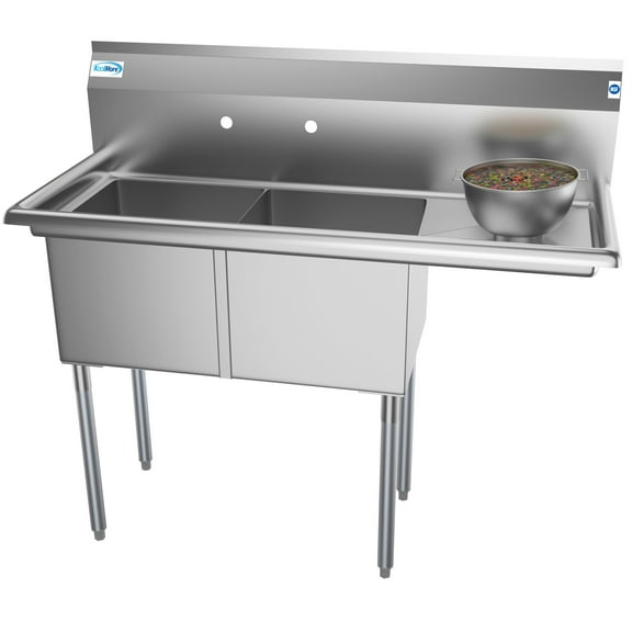 KoolMore 48 in. Two Compartment Stainless Steel Commercial Sink with Drainboard, Bowl Size 15"x 15"x 12"