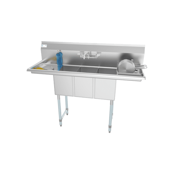 KoolMore 54 in. Three Compartment Stainless Steel Commercial Sink with Drainboards, Bowl Size 10"x 14"x 10"