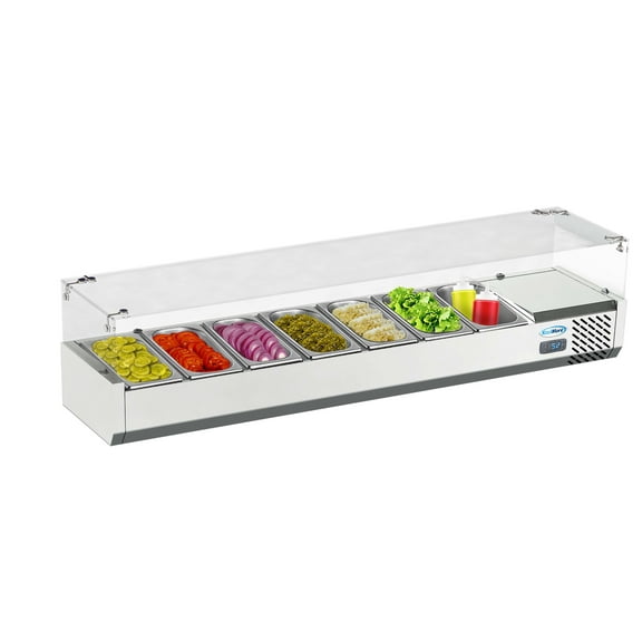 KoolMore 71 in. Eight Pan Refrigerated Countertop Condiment Prep Station with Sneeze Guard.