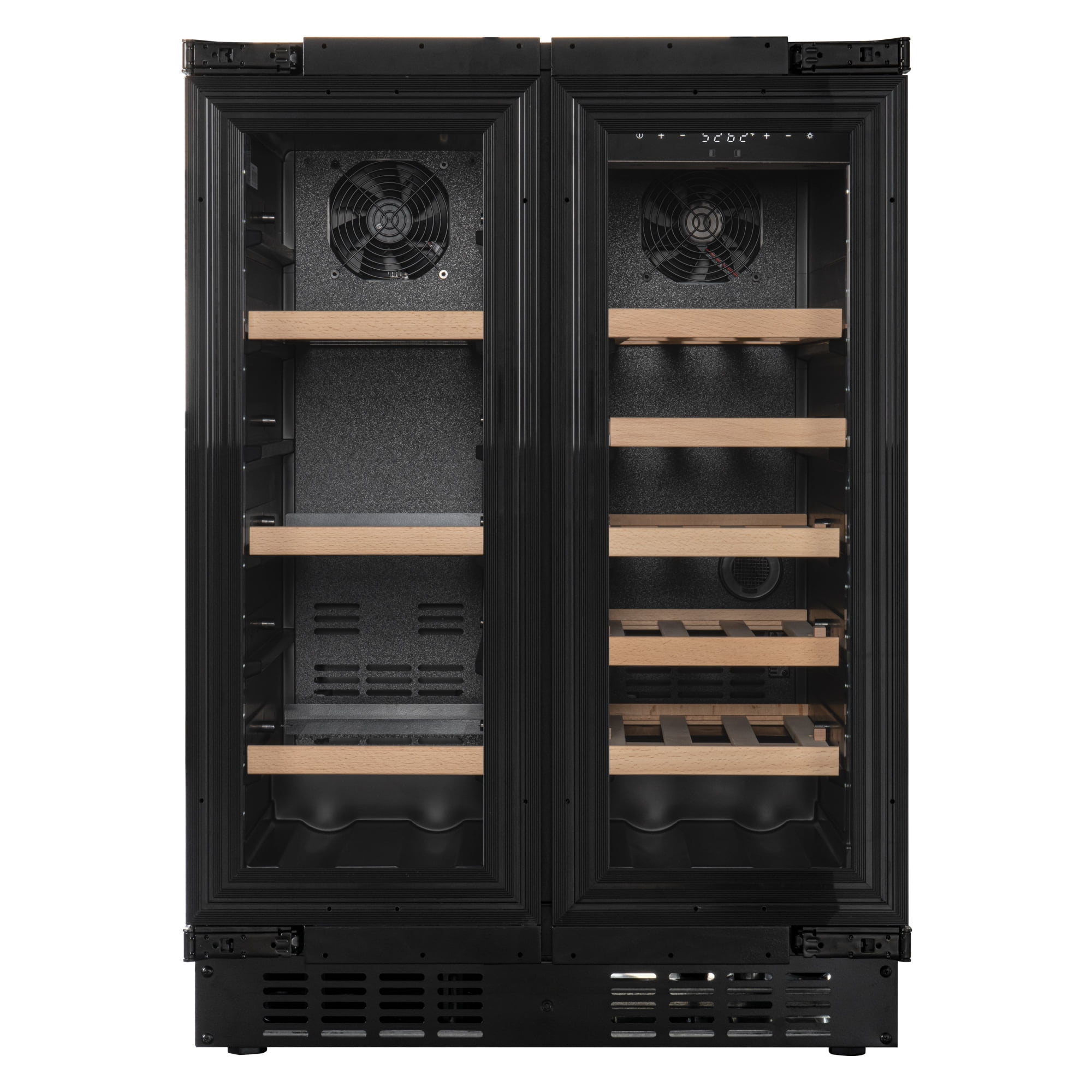 KoolMore Reserve 24 in. French Door Dual Zone Panel Ready Under-Counter Cooler with Wooden Shelves and 20 Bottle Capacity in the Right Zone and 2.1 Cu. Ft. on the Left in Black (KM-CWB24-WPR)
