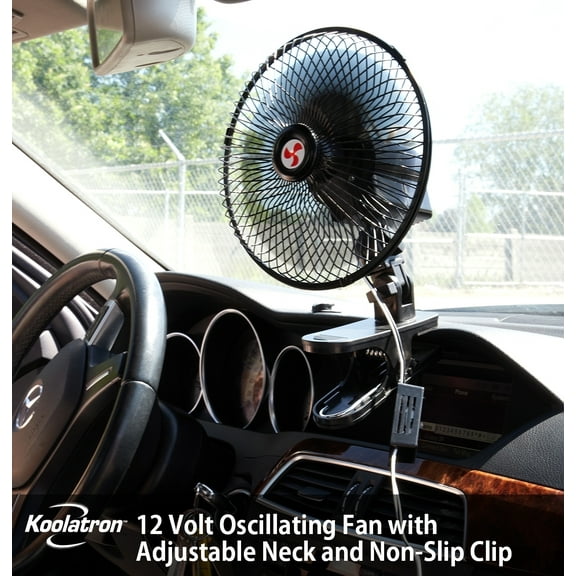 Koolatron 12V Oscillating Fan with Adjustable Neck and Non-Slip Clip