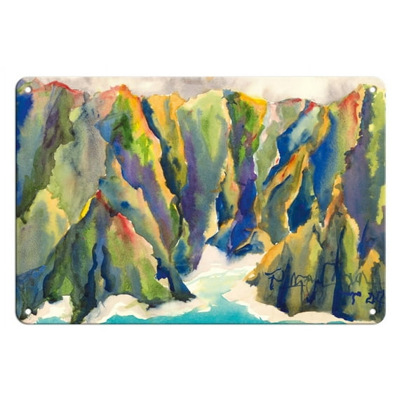 Koolau Cove - Oahu Hawaii - Koolau Mountain Range - From an Original Hawaii Watercolor Painting by Peggy Chun - 8 x 12 inch Vintage Metal Tin Sign