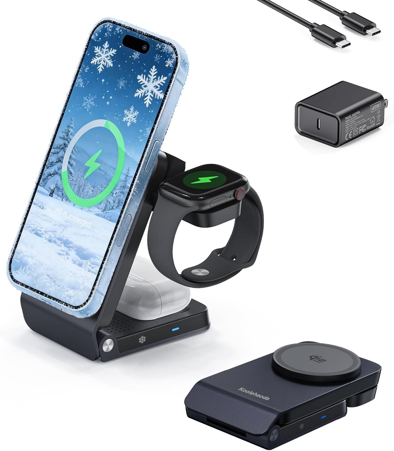 Koolehaoda 3 in 1 Charging Station for MagSafe Qi2.2 25W Fast Charger Magnetic Wireless Foldable Stand with TEC Active Cooling for iPhone 17-12 Series/ S26 Ultra/Pixel 10/ Apple Watch/AirPods