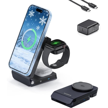 Koolehaoda 3 in 1 Charging Station for MagSafe Qi2.2 25W Fast Charger Magnetic Wireless Foldable Stand with TEC Active Cooling for iPhone 17-12 Series/ S26 Ultra/Pixel 10/ Apple Watch/AirPods
