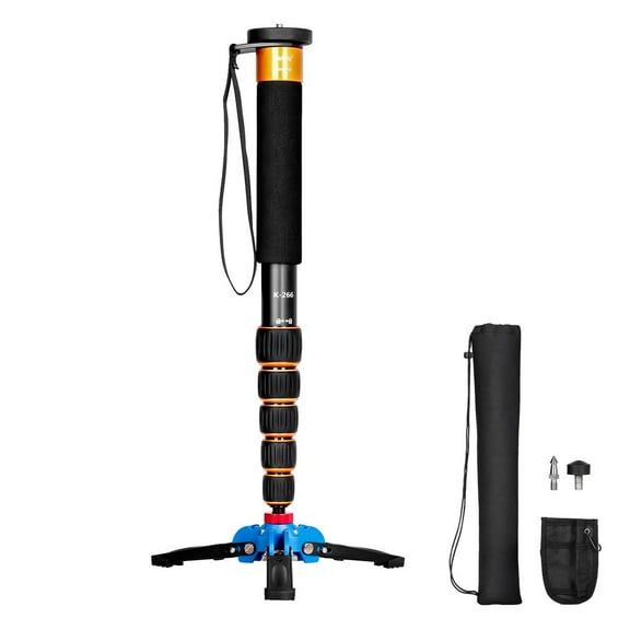 Koolehaoda Lightweight Portable 63-inches Camera Aluminium Monopod with Folding Three Feet Support Stand. 6-Section Leg, Leg Max Diameter: 28MM, Folding Length:16.5inch (K-266 Orange+A1)