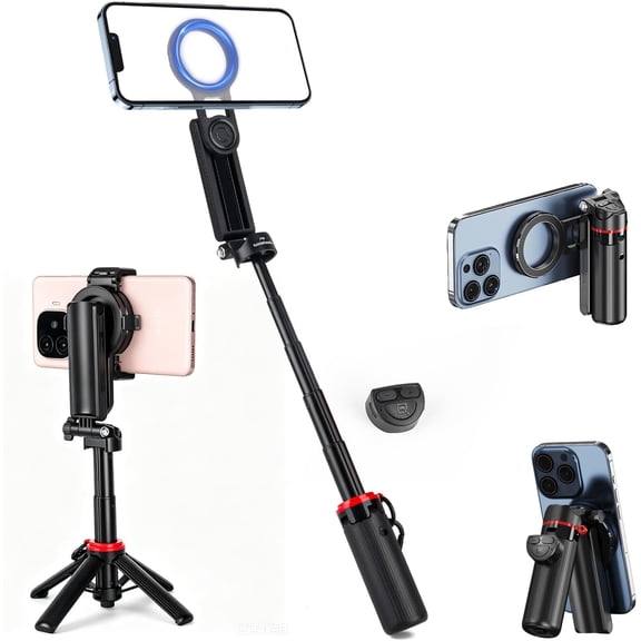 Koolehaoda Magnetic Mini Selfie Stick for MagSafe, 4 in 1 Extendable Phone Tripod Stand with Detachable Phone Clip and Wireless Remote Control, Portable Pocket Size Tripod for iPhone/Android