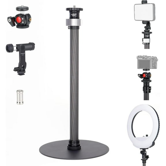 Koolehaoda Tripod Stand Extendable Monopod Carbon Fiber Pole wiht Round Base for Desk, 360 Rotatable Ballhead Tabletop Webcam Stand for DSLR Camera, Light, Webcam, Live Streaming, Vlogging