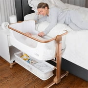 KoolerThings Baby Bassinet, Bedside Sleeper for Baby, Easy Folding Portable Crib with Storage Basket for Newborn, Bedside Bassinet, Comfy Mattress/Travel Bag Included White and Gold C21