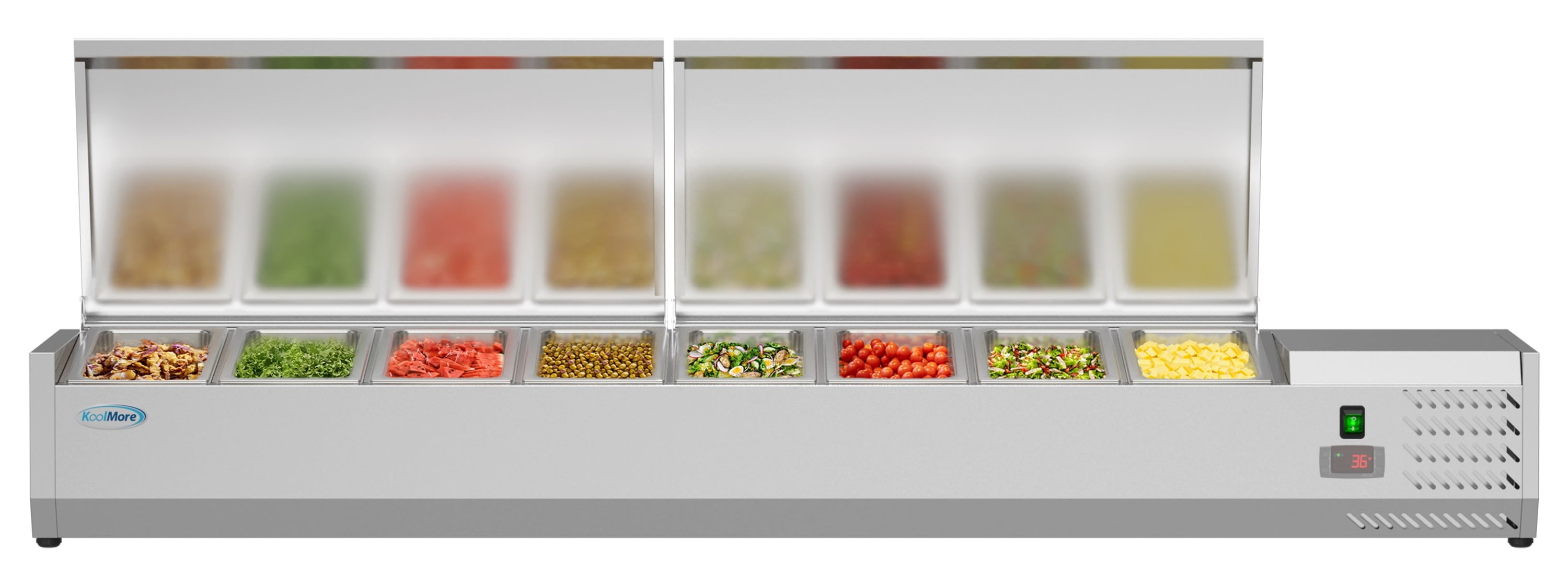 Koolmore 71 in. W 1 Cu. ft. Commercial Countertop Refrigerator Condiment Prep Rail with Cover in Stainless Steel.