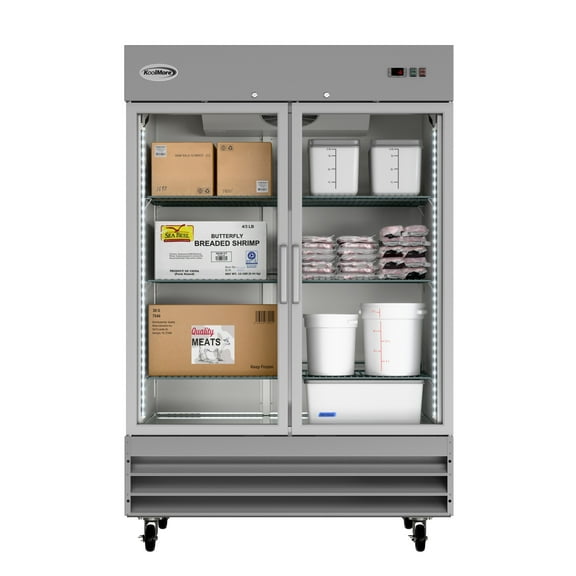 KoolMore 47 Cu. Ft. Commercial Stainless-Steel Upright Reach-In Freezer with Self-Close Glass Doors in Silver.