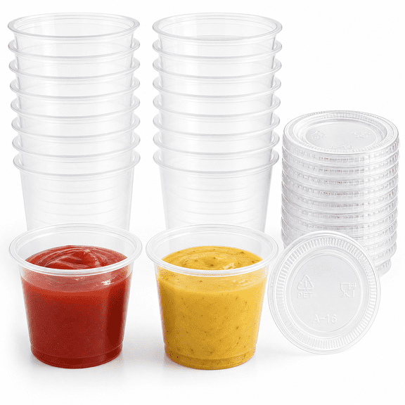 Koomade 1 oz Jello Shot Cups with Lids,Clear Disposable Plastic Portion Cups, Condiment Sauce Containers for Salad Dressing, Souffle, Samples, Meal Prep, 100 Sets