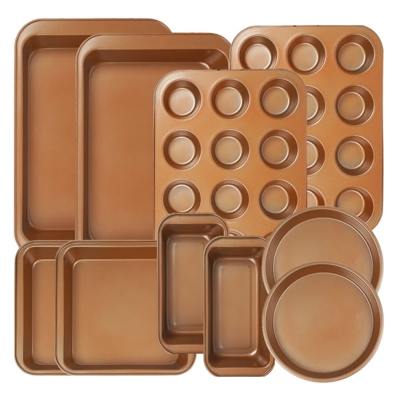 Koomade 10-Piece Nonstick Bakeware Set, Carbon Steel Baking Pans Set with Cookie Sheet, Muffin, Cake & Loaf Pan, Oven Safe, Stackable, Bronze