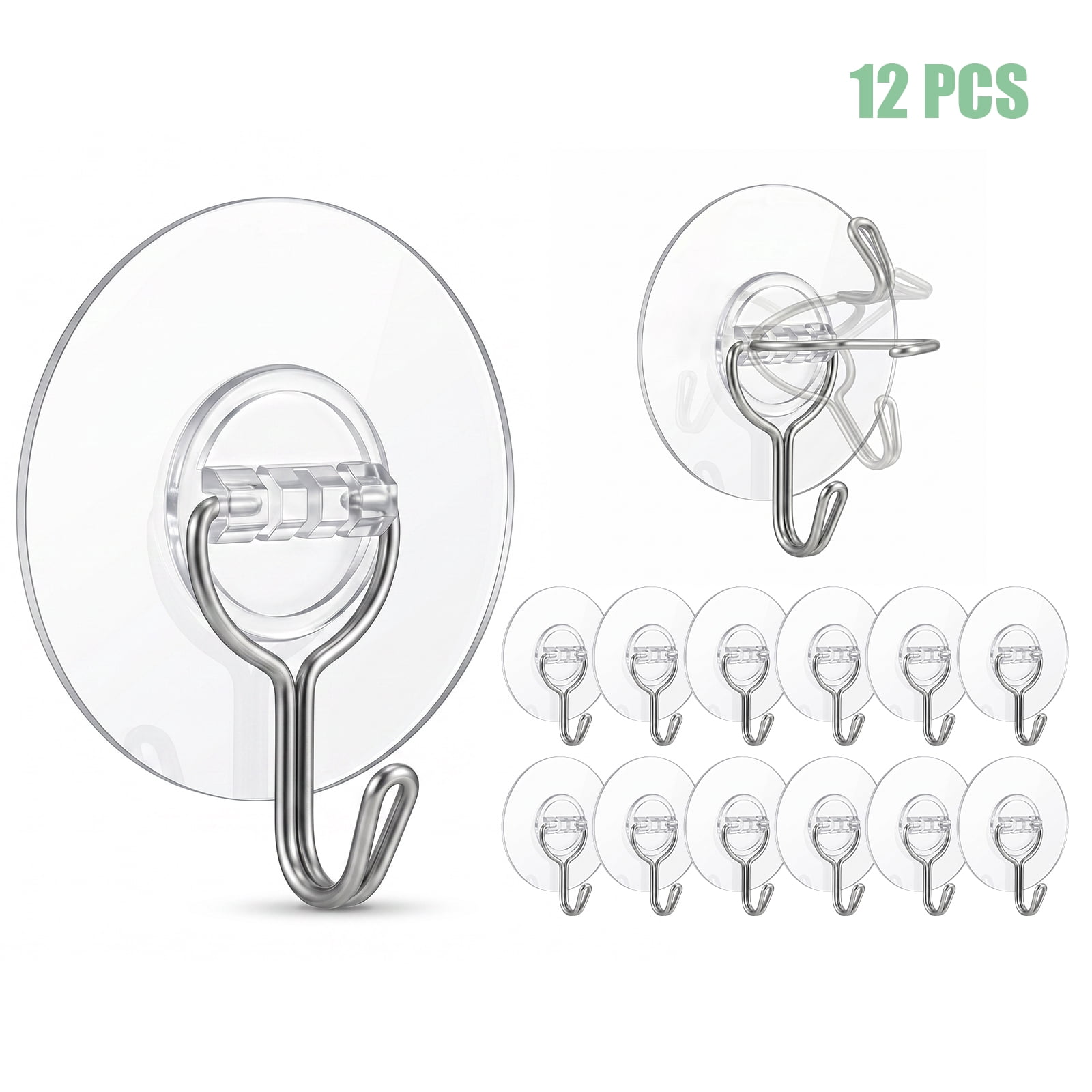 Koomade 12 Packs Adhesive Wall Hooks 13LB Heavy Duty No Drill Transparent Waterproof Hooks for Bathroom Kitchen Towel Coat Keys