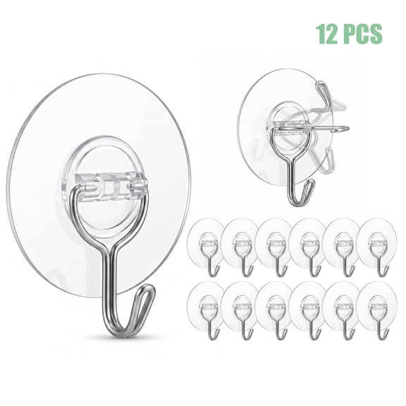 Koomade 12 Packs Adhesive Wall Hooks 13LB Heavy Duty No Drill Transparent Waterproof Hooks for Bathroom Kitchen Towel Coat Keys